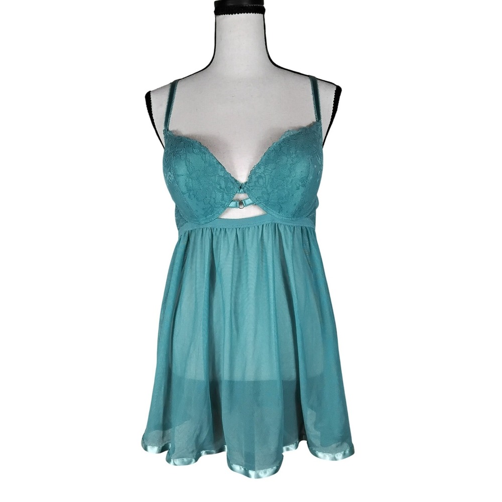 Daisy Fuentes Babydoll Chemise Teal Lace Push Up Mesh XL Lingerie Sleepwear